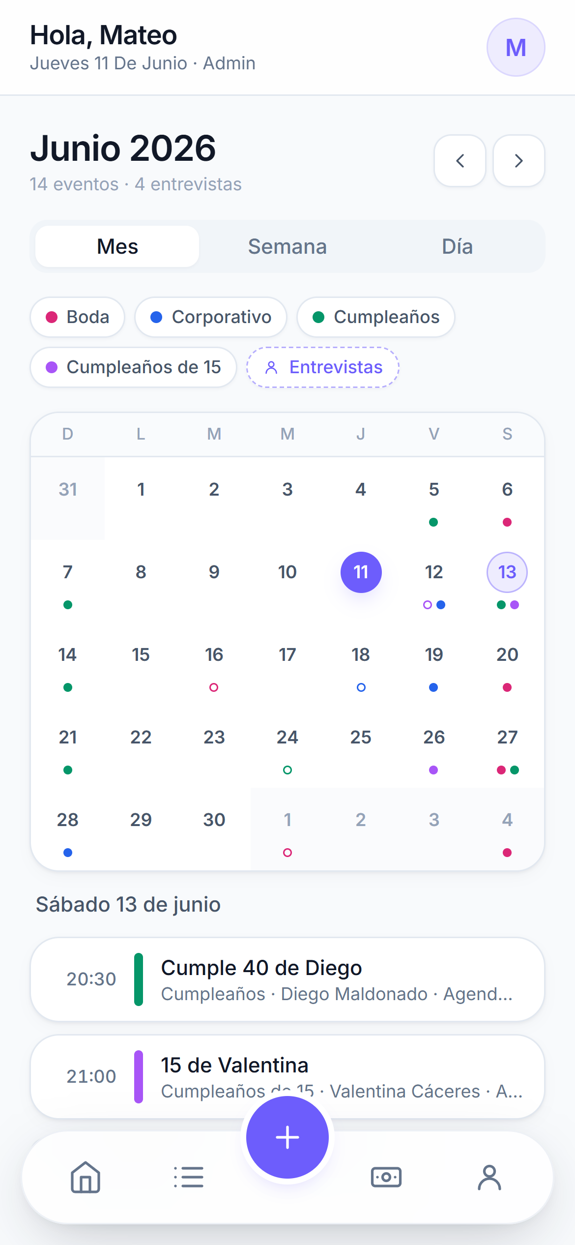 Calendario de Brinden en el celular: el mes de un vistazo y la agenda del día
